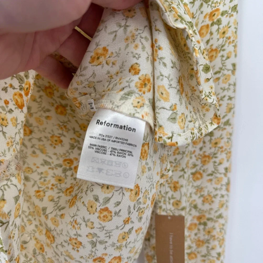 Reformation Floral Long Sleeve Button Front Top White Yellow Small Country NWT
